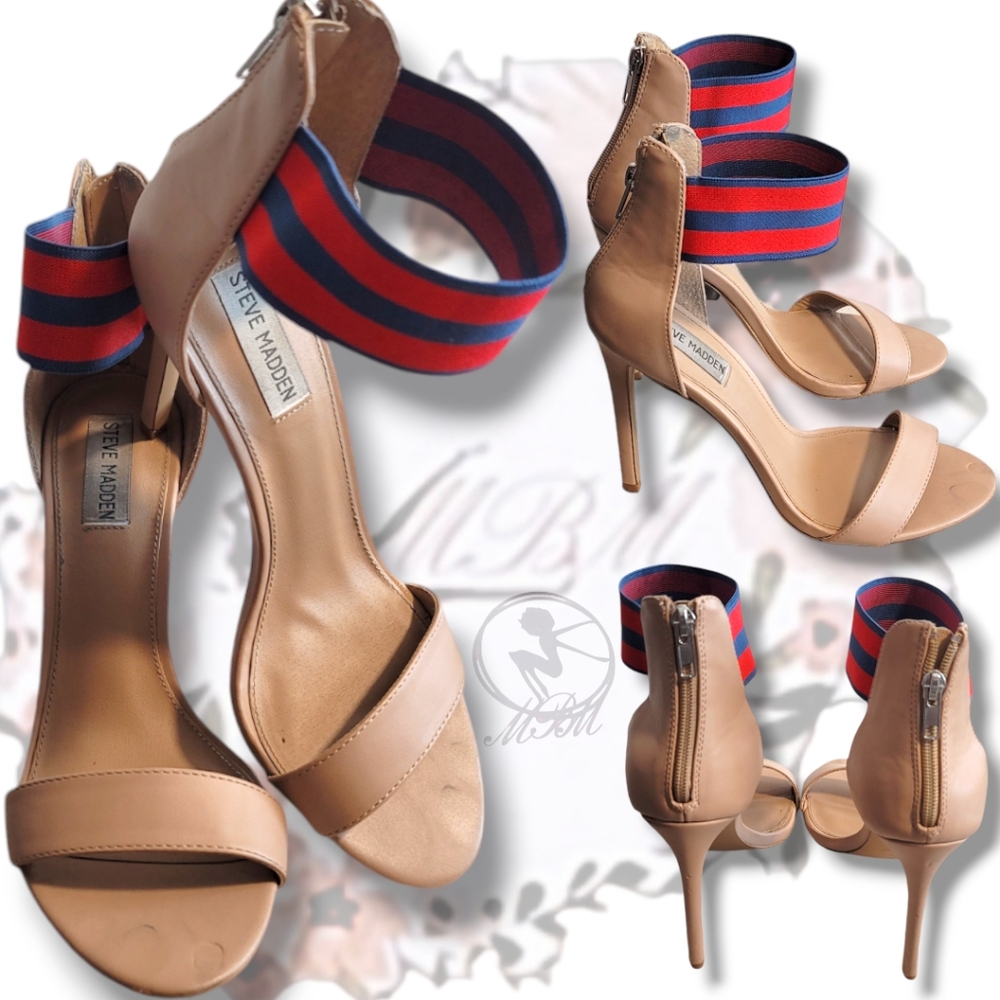 💕 Steve Madden "Paradise" Red and Blue Stripe Elastic Band Nude Heels size 10m